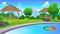 Swimming pool with bamboo gazebo, green yard and City skyline, public recreational park cartoon landscape