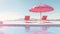 Swimming pool with beach umbrella and chairs. Pink summer vacation concept. AI generated