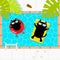 Swimming pool. Black cat floating on yellow pool float water mattress and red circle. Top air view. Sunglasses. Lifebuoy. Palm tre
