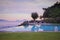 Swimming pool and Capri island landscape sunset sud italy neaples