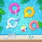 Swimming pool with colorful floats, top view vector illustration. Kids inflatable toys flamingo, duck, donut, unicorn.