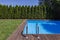 Swimming pool in the garden with trees and green grass during summer. Real photo