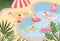 Swimming pool. Happy characters family couples relax on the beach or pool outdoor vacation kids playing on rubber