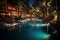 Swimming Pool in Hotel Resort with Gazebos Surrounded by Palm Trees on a Calm Night