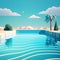 Swimming pool in hotel or resort outdoors, empty poolside with blue water, palm trees, green plant fencing and tiled