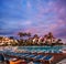 Swimming pool in hotel. Sunset in Tenerife island, Spain.