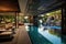 Swimming pool and lounge area of a modern luxury villa, interior Inviting Retreat, Contemporary Residence luxury villa with large