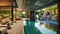 Swimming pool and lounge area of a modern luxury villa, interior Inviting Retreat, Contemporary Residence luxury villa with large