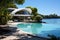 Swimming pool in luxury villa by the sea. Nobody inside, Photograph of large lagoon beach with minimalist architectural white