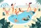 Swimming pool party. Summer outdoors people in swimwear swim together and rubber ring floating in pool water vector