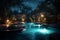 Swimming Pool in Resort with Nature View Surrounded by Palm Tree in Calm Night