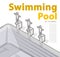 Swimming pool with swimmers, isometric. Sportsmen on springboard prepare swim.