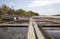 Swimming pools for growing fish at the Astrakhan Fishka sturgeon farm on the Kizan River. Astrakhan region. Russia