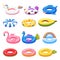 Swimming toy. Cartoon rubber inflatable rings in various shapes unicorn, flamingo, watermelon. Pool accessories beach