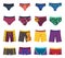 Swimming trunks set. Men underwear. Underpants and shorts, different models, beautiful clothing for beach and everyday