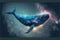 Swimming whale among fantasy abstract art in outer space among particles starry.