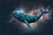 Swimming whale among fantasy abstract art in outer space among particles starry.