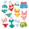 Swimsuit and underwear template collection for man and woman, fashion shorts, panties and pants, casual bikini and bra