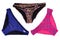 Swimsuits isolated. Collage set of three various elegant female sexy multcolored bikini bottoms or panties isolated on a white