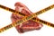 Swine influenza concept. Pork meat with caution barrier tapes concept, 3D rendering