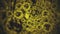 Swine influenza virus H1N1 pathogen inside infected organism. Virus under microscope shown as dark yellow cells in black
