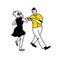 Swing dance, young couple in retro outfit. Funny fast shag. Girl in black dress and red flower in hair. Man in yellow