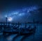 Swinging gondolas in Venice at night with stars, Italy