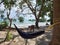 Swings hang from trees for tourists  at neil islands of andaman and a chair with a background of the indian ocean