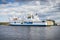 Swinoujscie, West Pomeranian - Poland - July 15, 2022: TT-Line Nils Dacke ferry leaving port in Swinoujscie and sailing to
