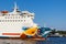 Swinoujscie, West Pomeranian - Poland - June 11, 2023: Mazovia ferry from Ystad entering to port of Swinoujscie. Transport