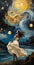 swirling impressionist sky, european village, a carved fantastical woman dance, gold blue palette