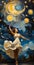 swirling impressionist sky, european village, a carved fantastical woman dance, gold blue palette