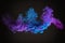 Swirling neon blue and purple multicolored smoke puff cloud design element isolated on black background