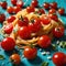 Swirling pasta twists with cherry tomatoes, dynamic food photography