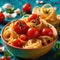 Swirling pasta twists with cherry tomatoes, dynamic food photography