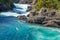 Swirling and surging river water through rocky ravine