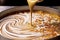 swirls of milk and coffee mixing for a latte art masterpiece