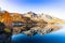 Swiss Alpine landscape with an Engadine lake and mirrored mountain