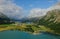 Swiss Alps: Heli flight over the glacier lakes Silvaplna and Sils in the upper Engadin near St.MOritz