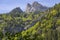 Swiss Alps seen through forest in Blausee or Blue Lake nature park in summer, Kandersteg, Switzerland