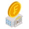 Swiss bank icon isometric vector. Swiss bank building and one frank gold coin