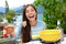 Swiss cheese fondue - woman eating laughing