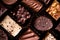 Swiss chocolates in gift box, various luxury pralines made of dark and milk organic chocolate in chocolaterie in