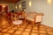 Swiss country hotel lobby interior with classic furniture and de