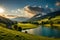 A Swiss countryside scene, with a winding river, rolling hills, and charming houses dotting the landscape under a bright, cloud-