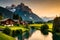 A Swiss countryside, where wooden houses line the riverbanks, framed by the majestic Swiss Alps in the distance