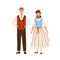 Swiss couple wearing traditional striped costumes. Man in national folk waistcoat and hat. Woman in dress with corset