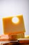 Swiss Emmental or Emmentaler medium-hard cheese with round holes made from cow milk in Canton Bern