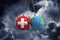 Swiss flag ball smashing into planet earth. Global impact and disaster concept. 3D Render