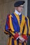 Swiss Guard guards the Gate of St. Peter`s Basilica in Vatican State City